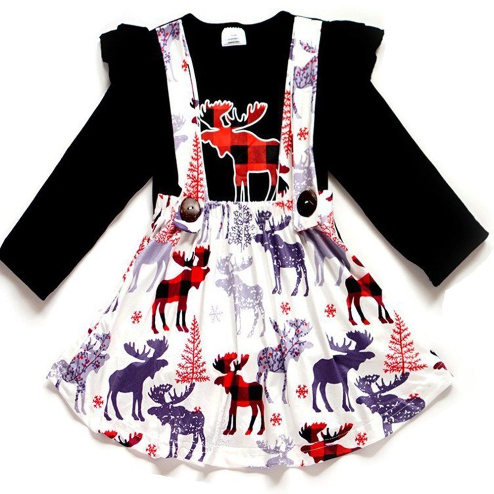 Little Girls Kid 2 Pieces Top Skirt Set Reindeer Christmas T-Shirt Suspender